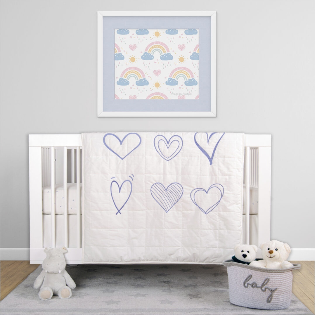 BabyFad Heart to Heart Blue 100 Cotton 3 Piece Crib Bedding Set